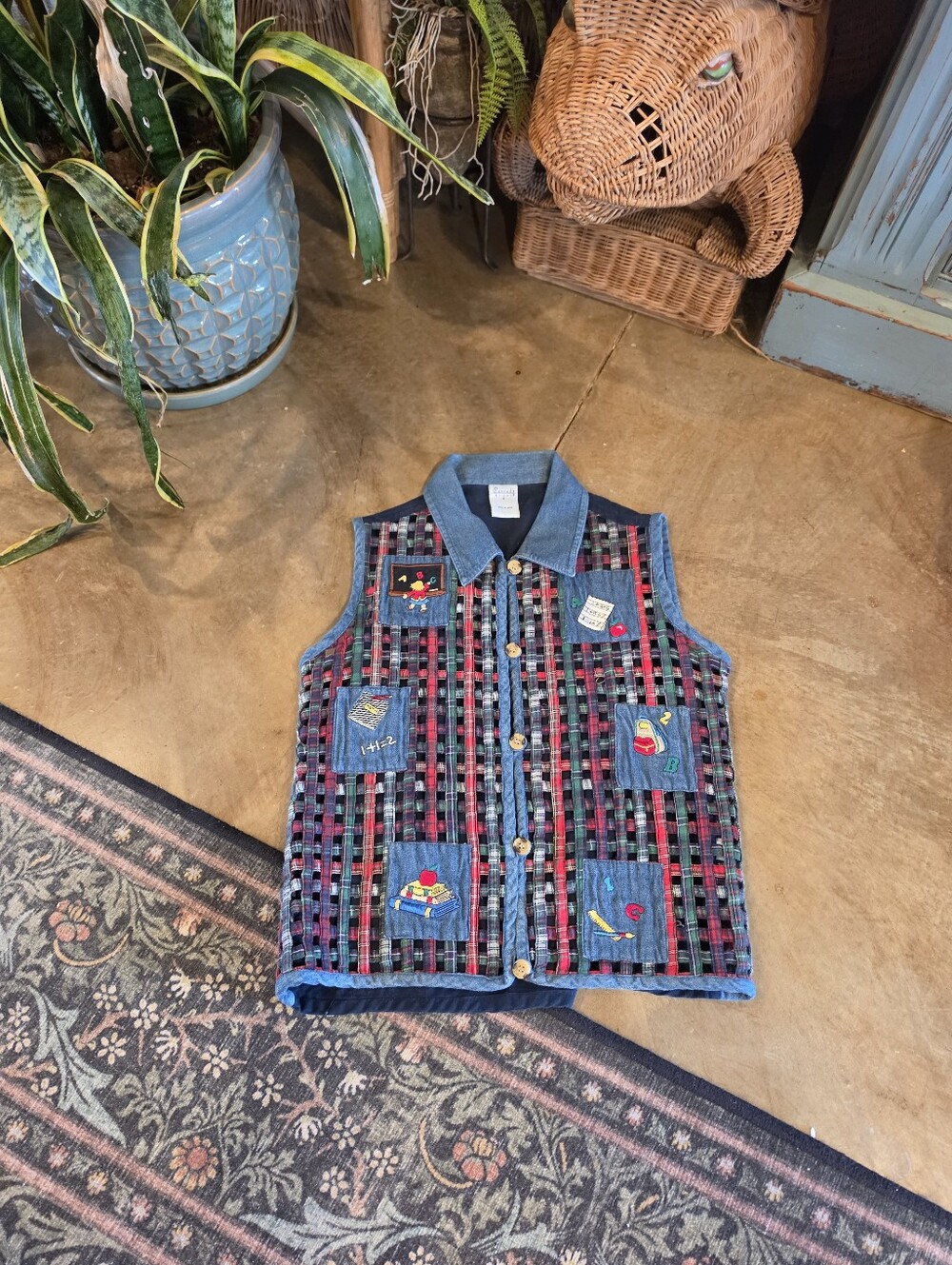 Vintage 90's Teacher's Sleeveless Tie Back Plaid Embroidered Vest Top Size Small